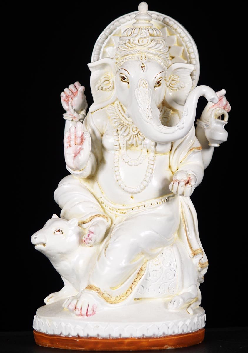 Fiberglass Hindu God Ganesha Statue Seated on Vahana, Mooshika the Rat in Abhaya Mudra 11"